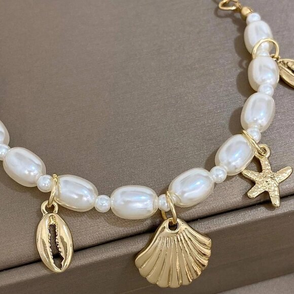 Pearl Shell Anklet Bracelet for Women with Gold Starfish Charm Beach Jewelry - Picture 5 of 7